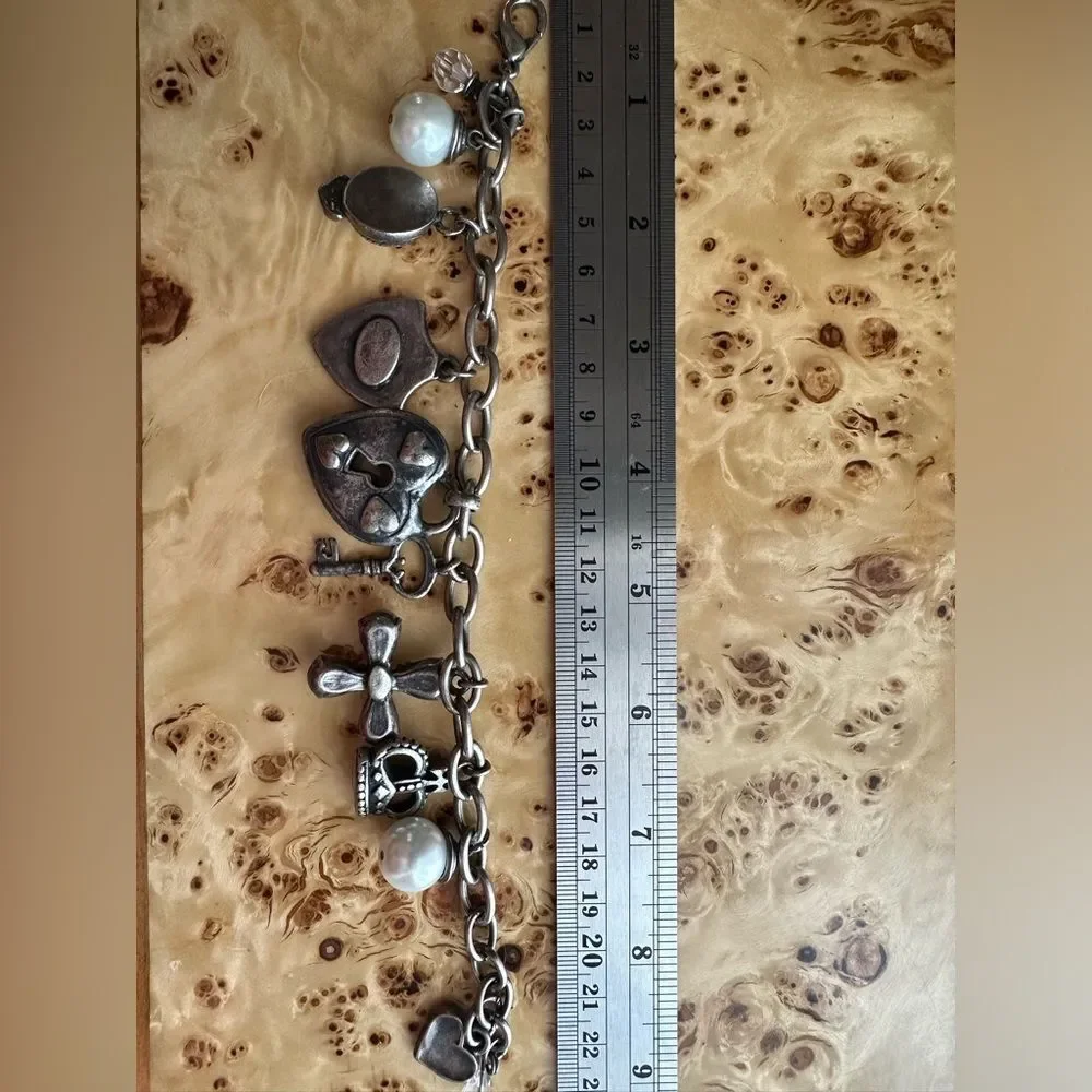 Chunky Loaded Silver Tone heart crystal lock crown pearl Charm Bracelet
